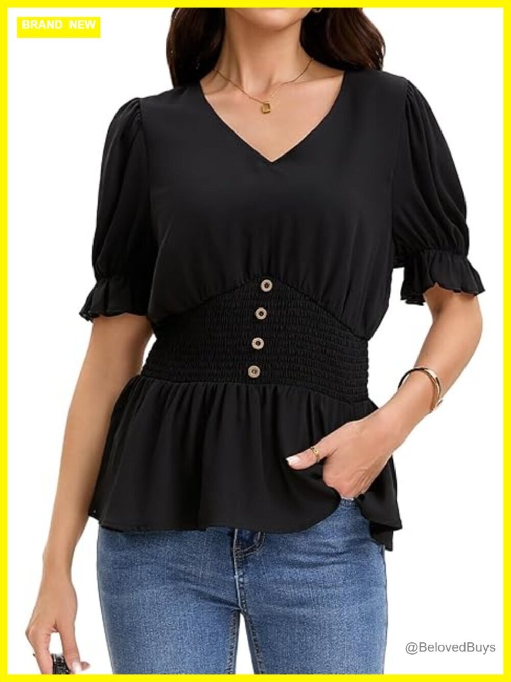 Women's Casual Puff Short Sleeve Peplum Top V Neck Elastic Waist Summer Tops